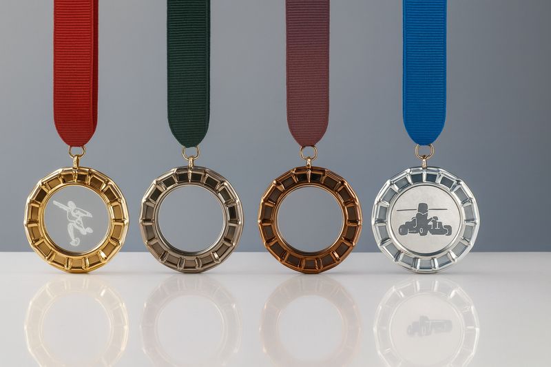 Runde Glasmedaille mit Metallring, Ø 7 cm, Stärke 10 mm, in Gold, Silber, Bronze oder klar