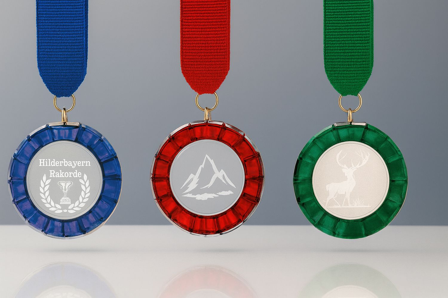 Glasmedaille Rund mit Farbglasring Ø 7 cm, ab € 13,00 Runde Glasmedaille mit Farbglasring, Ø 7 cm, Stärke 10 mm, blau, rot oder grün, inkl. Band