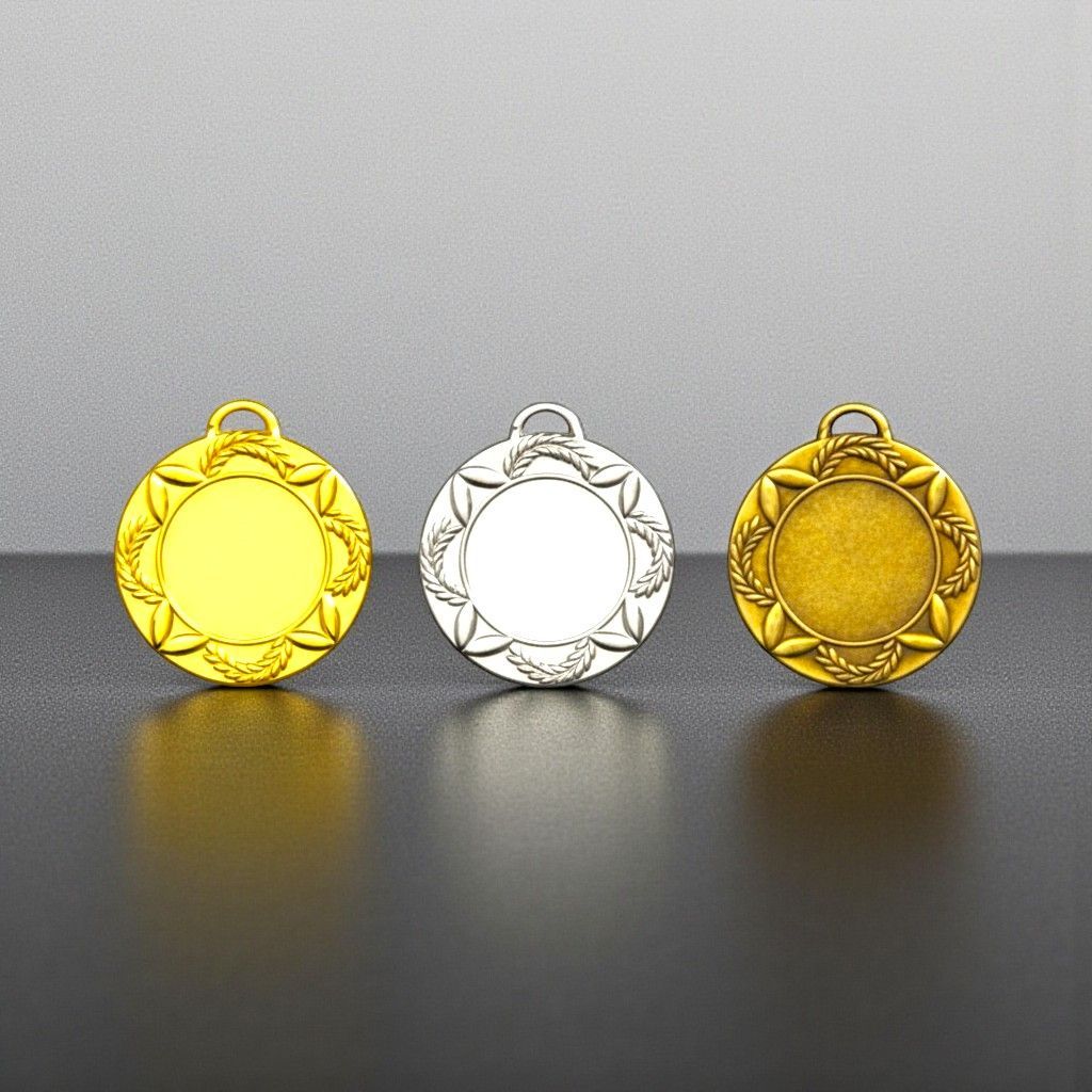 Metallmedaille mit glatter Vorderfläche und umlaufendem Lorbeerkranz-Design. Durchmesser Ø 4 cm