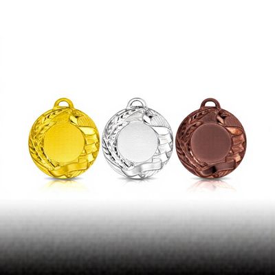 Metallmedaille Lorbeer & Band Ø 4,5 cm, ab € 2,00 Metallmedaille mit glatter Vorderfläche und markantem, facettiertem Randdesign. Durchmesser Ø 4,5 cm