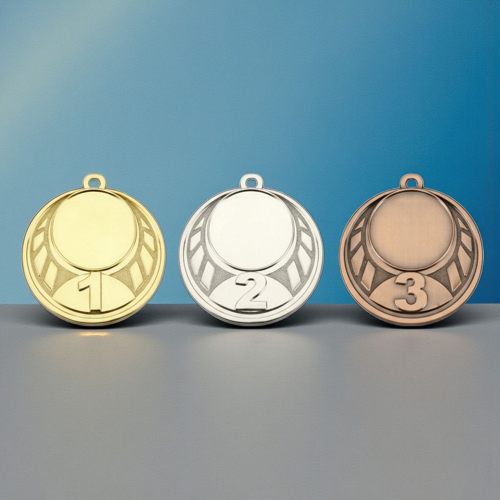 Metallmedaille mit integrierter Platzierungszahl (1–2–3) und dekorativem Rahmenmotiv. Durchmesser Ø 4,5 cm