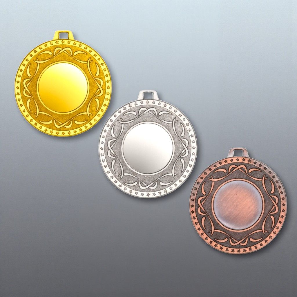 Metallmedaille mit glatter Mittelfläche und dekorativem Stern- und Ornamentrahmen. Durchmesser Ø 5 cm