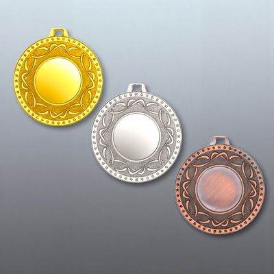 Metallmedaille mit Ornament Ø 5 cm, ab € 2,50 Metallmedaille mit glatter Mittelfläche und dekorativem Stern- und Ornamentrahmen. Durchmesser Ø 5 cm