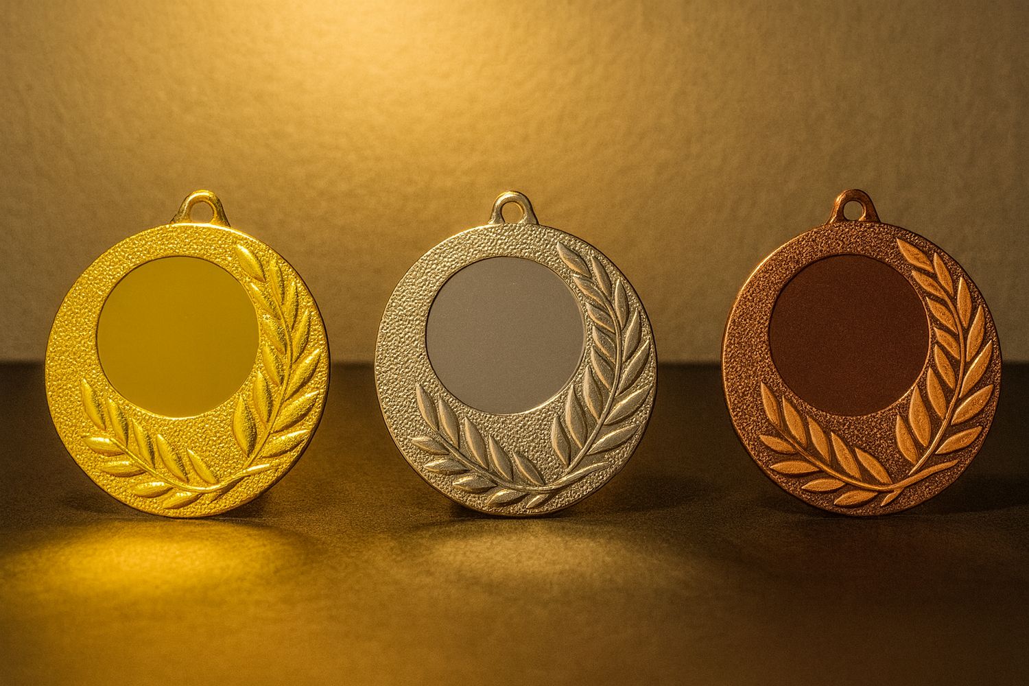 Metallmedaille mit glatter Mittelfläche und umlaufendem Lorbeerkranz-Relief. Durchmesser Ø 5 cm