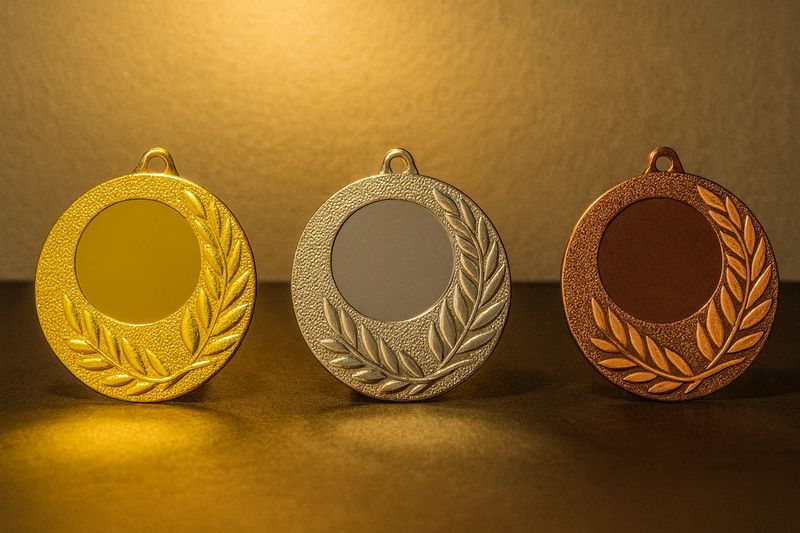 Metallmedaille mit glatter Mittelfläche und umlaufendem Lorbeerkranz-Relief. Durchmesser Ø 5 cm