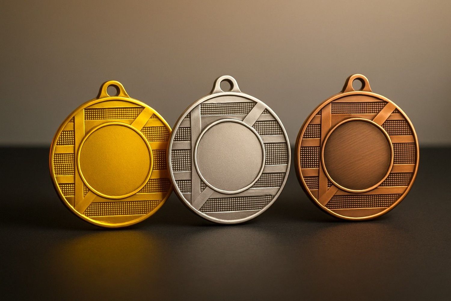 Metallmedaille mit klar strukturierter Rasteroberfläche und glatter Mittelfläche. Durchmesser Ø 5 cm