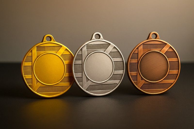 Metallmedaille mit klar strukturierter Rasteroberfläche und glatter Mittelfläche. Durchmesser Ø 5 cm