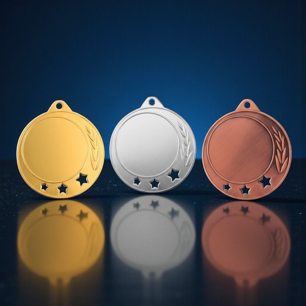 Großformatige Metallmedaille mit klarer, moderner Gestaltung und symbolischen Sternakzenten. Durchmesser Ø 7 cm