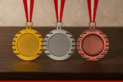 Großformatige Metallmedaille mit markanter, dynamischer Silhouette und klarer Mittelfläche. Durchmesser Ø 7 cm