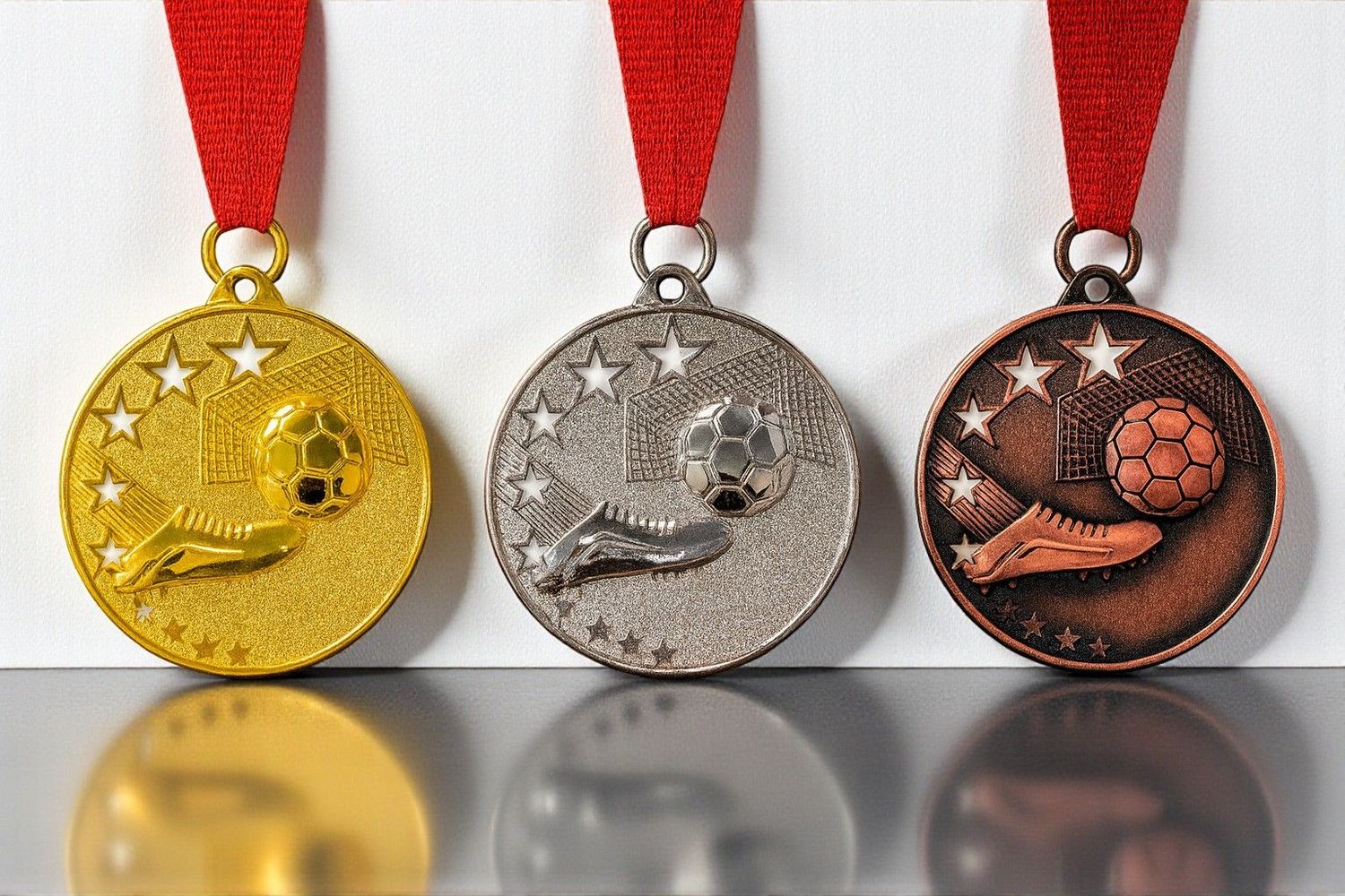 Geprägte Fußballmedaille Ø 5 cm mit Ball-, Schuh- und Sternmotiv, Gold-, Silber- und Bronzeoptik