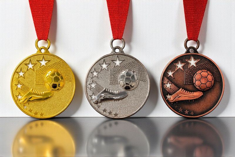 Geprägte Fußballmedaille Ø 5 cm mit Ball-, Schuh- und Sternmotiv, Gold-, Silber- und Bronzeoptik