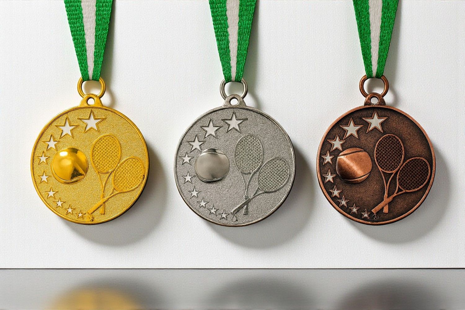 Geprägte Tennis-Reliefmedaille Ø 5 cm mit Schläger-, Ball- und Sternmotiv in Gold-, Silber- und Bronzeoptik