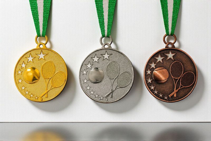 Geprägte Tennis-Reliefmedaille Ø 5 cm mit Schläger-, Ball- und Sternmotiv in Gold-, Silber- und Bronzeoptik