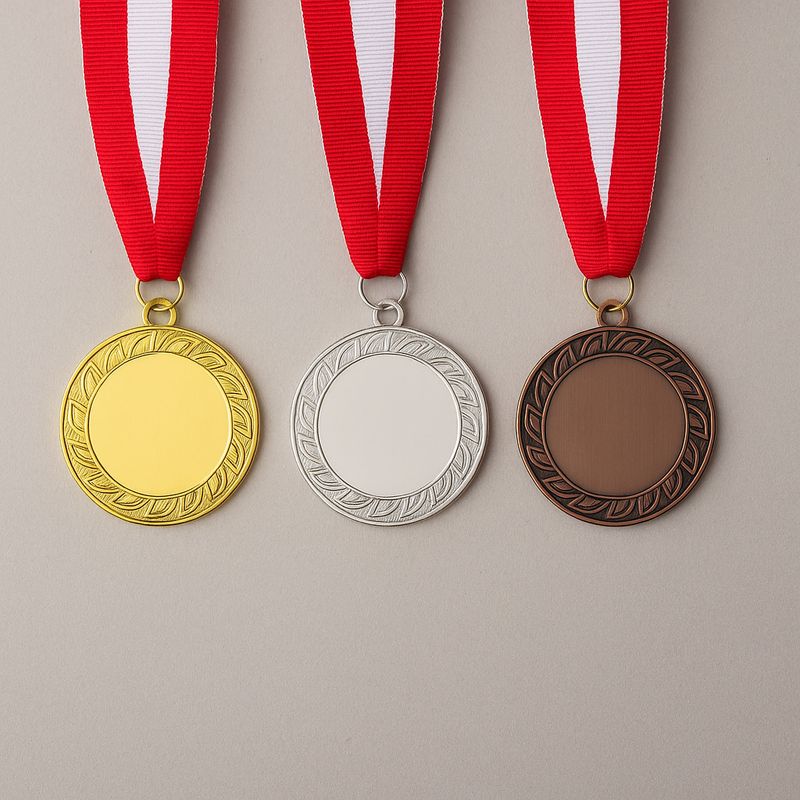 Metallmedaille Ø 7 cm mit glatter Mittelfläche und umlaufendem Blattornament, Gold-, Silber- und Bronzeoptik