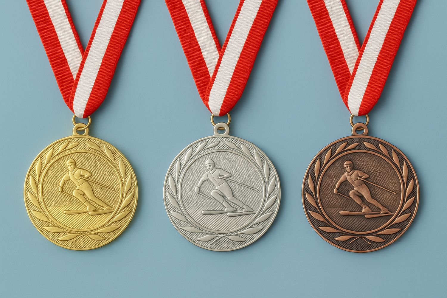 Geprägte Wintersportmedaille Ø 5 cm mit Skifahrer-Motiv und Lorbeerkranz in Gold-, Silber- und Bronzeoptik