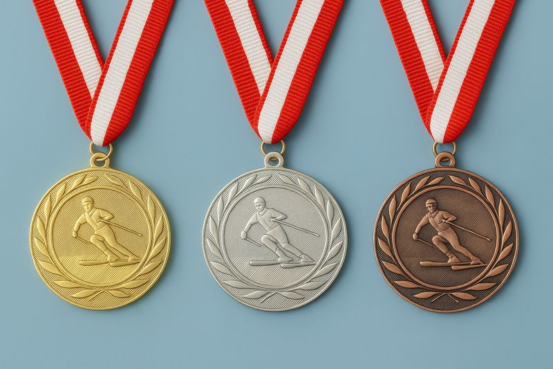 Geprägte Wintersportmedaille Ø 5 cm mit Skifahrer-Motiv und Lorbeerkranz in Gold-, Silber- und Bronzeoptik