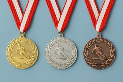 Reliefmedaille Alpine Ø 5 cm, ab € 2,50 Geprägte Wintersportmedaille Ø 5 cm mit Skifahrer-Motiv und Lorbeerkranz in Gold-, Silber- und Bronzeoptik