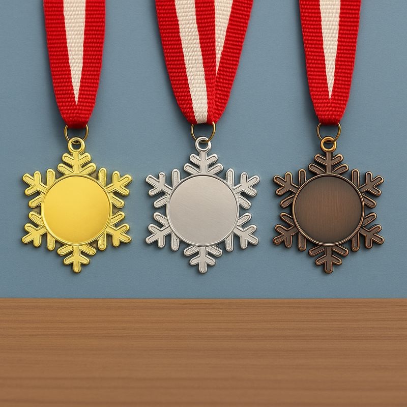  Schneeflocken-Medaille Ø 5 cm in Gold-, Silber- und Bronzeoptik, Wintersportmotiv