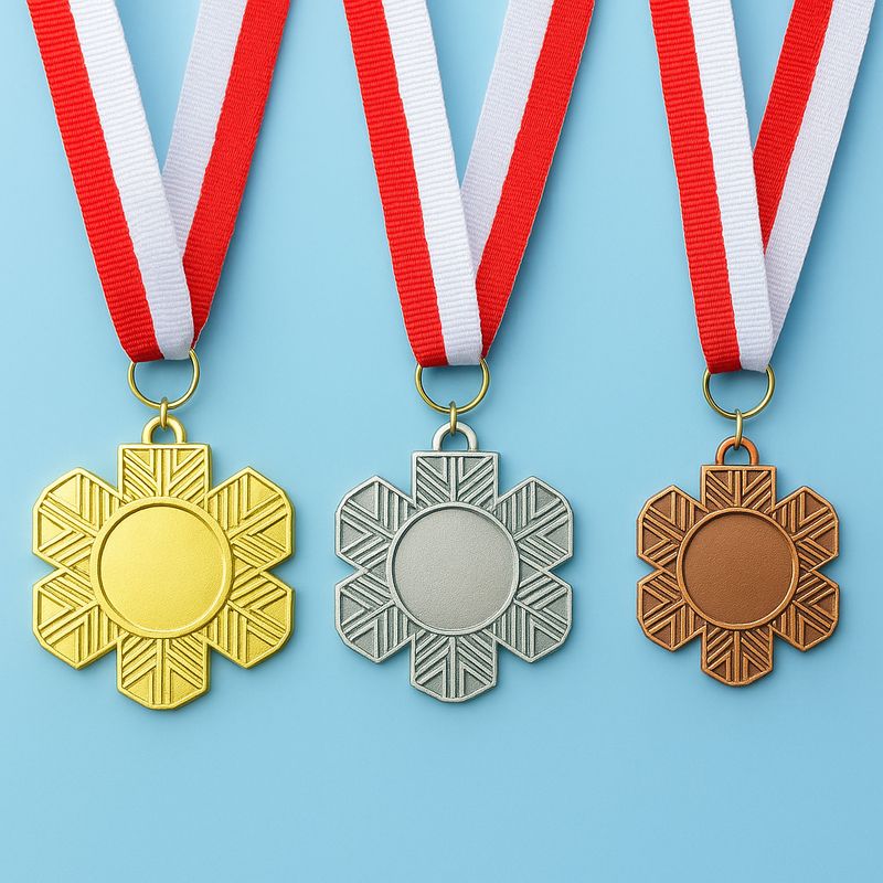 Metallmedaille in Kristallform mit geometrischem Rand und glatter Mittelfläche in Gold-, Silber- und Bronzeoptik