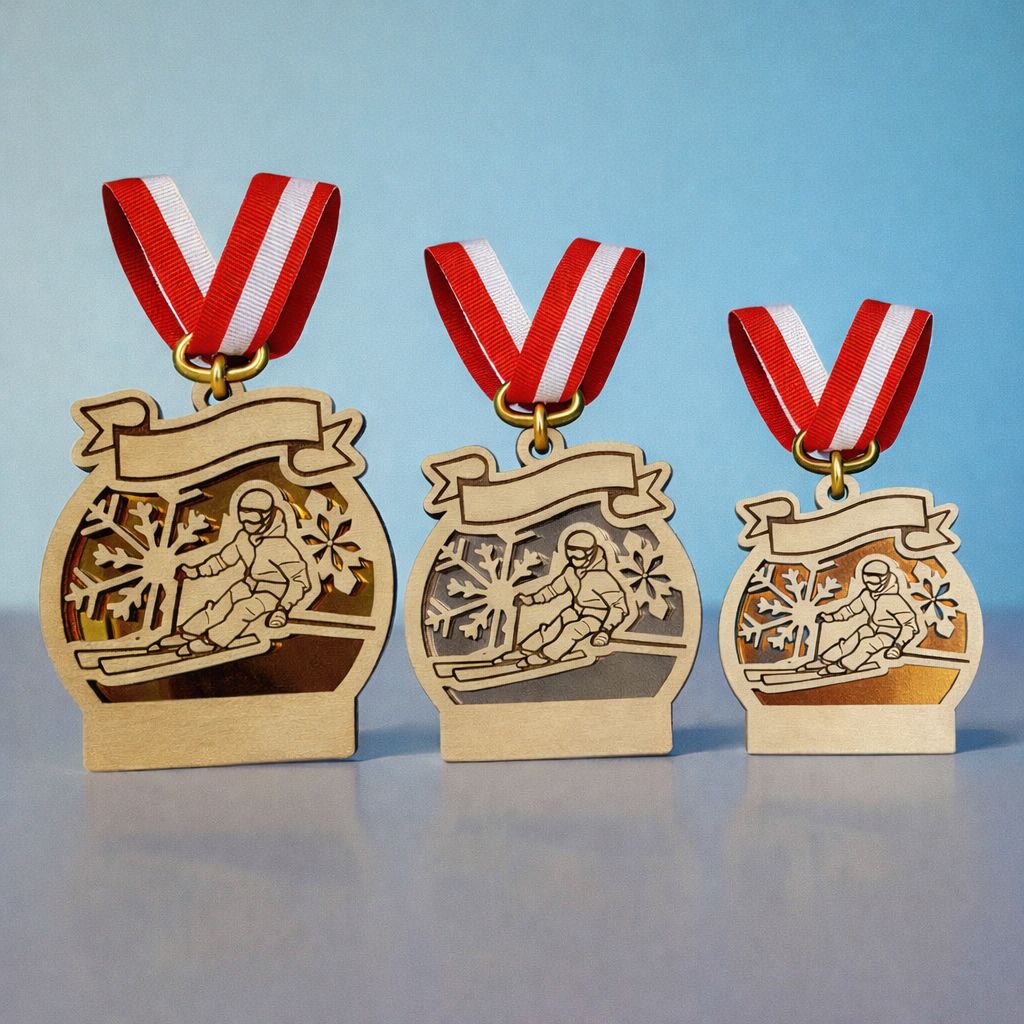 Holzmedaille HM-SKI-700 mit Ski-Motiv, naturbelassene Optik, in 10,5 / 9,0 / 7,5 cm gold,silber & bronze hintergrund