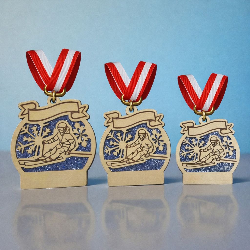 Holzmedaille HM-SKI-700 mit Ski-Motiv und Banner, naturbelassene Optik, in 10,5 / 9,0 / 7,5 cm blauer Glitzeracrylhintergrund