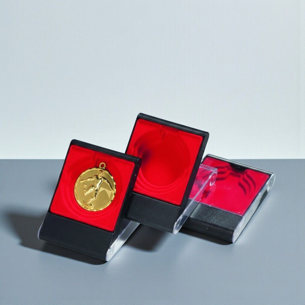 Aufstell-Etui Modell 61849 in Rot mit Klarsichtdeckel zur Medaillenpräsentation