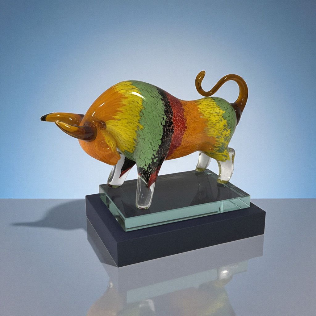 Handgefertigte Rainbow Bull Glas-Stier-Trophäe auf Glassockel