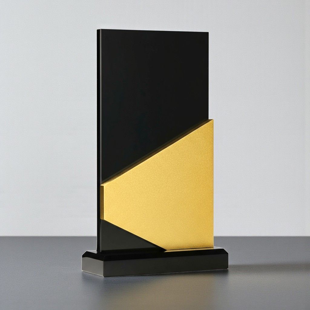 Kristallglas Award Berglicht mit schwarzer Glasfläche und goldenem Akzent