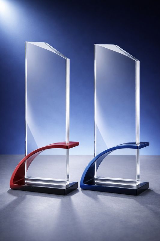 Moderne Glastrophäe mit rotem oder blauem Metallständer, klare Glasplatte mit schräger Oberkante