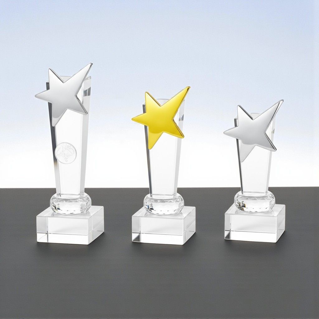 Glastrophy Glastrophäe Sternderl aus klarem Glas mit Metallstern in Gold oder Silber und massivem Glasfuß
