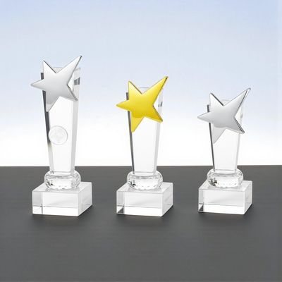 Glastrophy Glastrophäe Sternderl aus klarem Glas mit Metallstern in Gold oder Silber und massivem Glasfuß