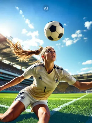 fussballdame beim kopfball, pokale und trophies für den fussballsport