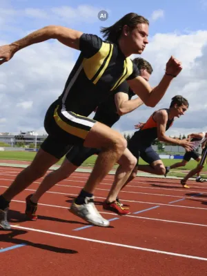 sprintläufer auf der strecke, pokale und trophies für laufsportbewerbe und leichtathletik