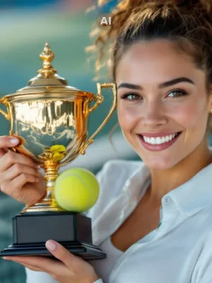 tennisspielerin mit ihren siiegerpokal, pokale und trophies für den tennissport