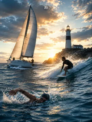 segel, surfer & schwimmer an einer küste, pokale und trophies für wassersport