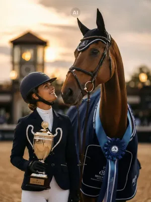 reiterin mit ihrem pferd und einen pokal, pokale und trophies für den reitsport