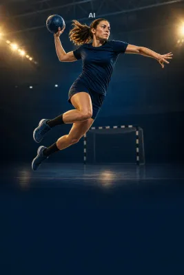 handballspielerin beim wurf, pokale und trophies für den handballsport