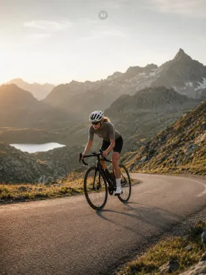 radsportlerin in schöner landschaft, pokale und trophies für ihre bewerbe