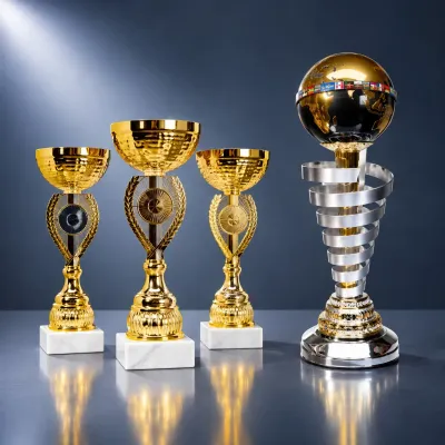 Drei goldene Siegerpokale und eine Weltpokal-Trophäe als Symbolbild für Pokale im Angebot bei P.A.M…