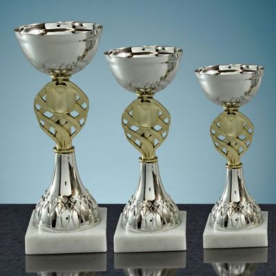 Pokal Dreamteam, 3er Serie, Silber-Gold-Optik, durchbrochener Mittelteil, Marmorsockel