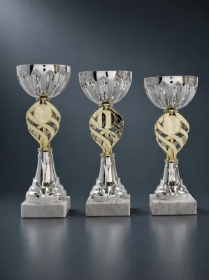 Pokal Pokal Dreamteam, 3er Serie, Silber-Gold-Optik, durchbrochener Mittelteil, Marmorsockel