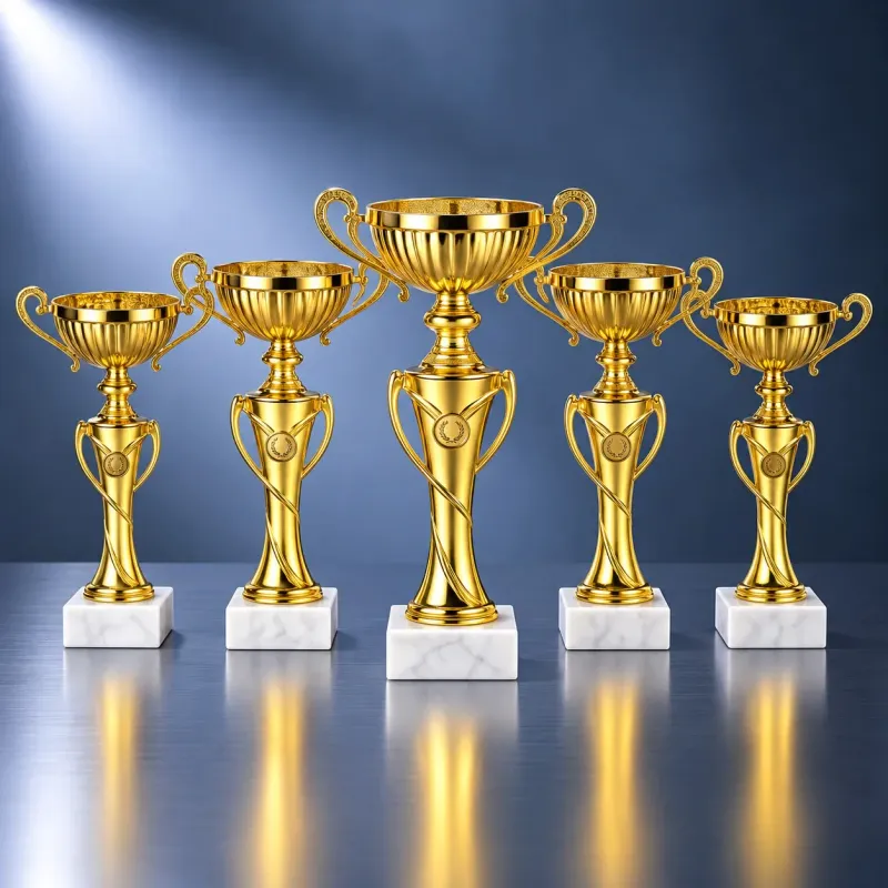 Pokal Set Henkelpokal Carme mit goldfarbenem Kelch, seitlichen Henkeln, klassischem Mittelteil und weißem Marmorsockel, fünfteiliges Po