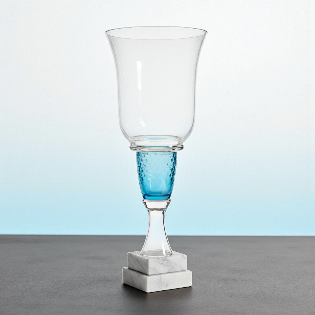 Glaspokal Glaspokal Pisa mit klarer Kelchform, blau eingefärbtem Glaselement und Marmorsockel