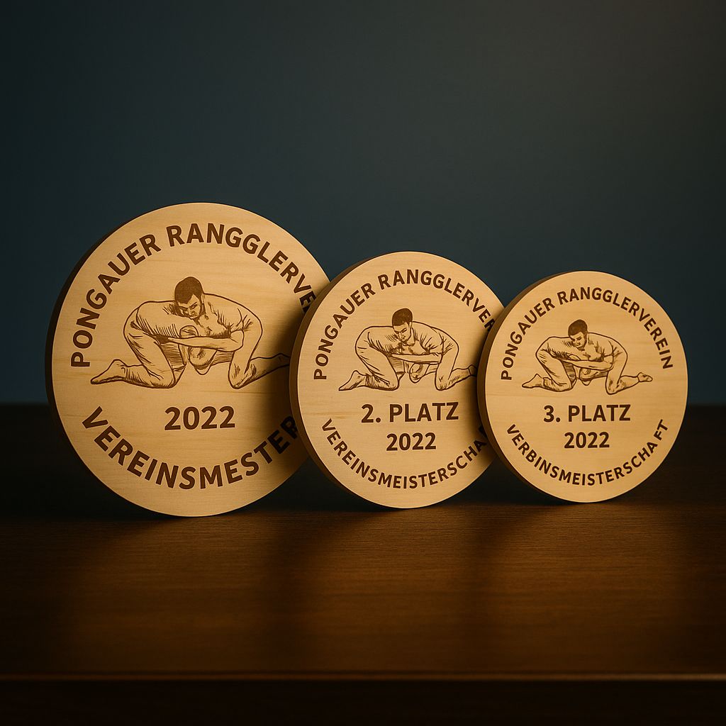 Runde Schützenscheiben und Ehrentafeln aus Buchenholz mit gravierter Beschriftung für Schützenbewerbe und Vereinsauszeichnung