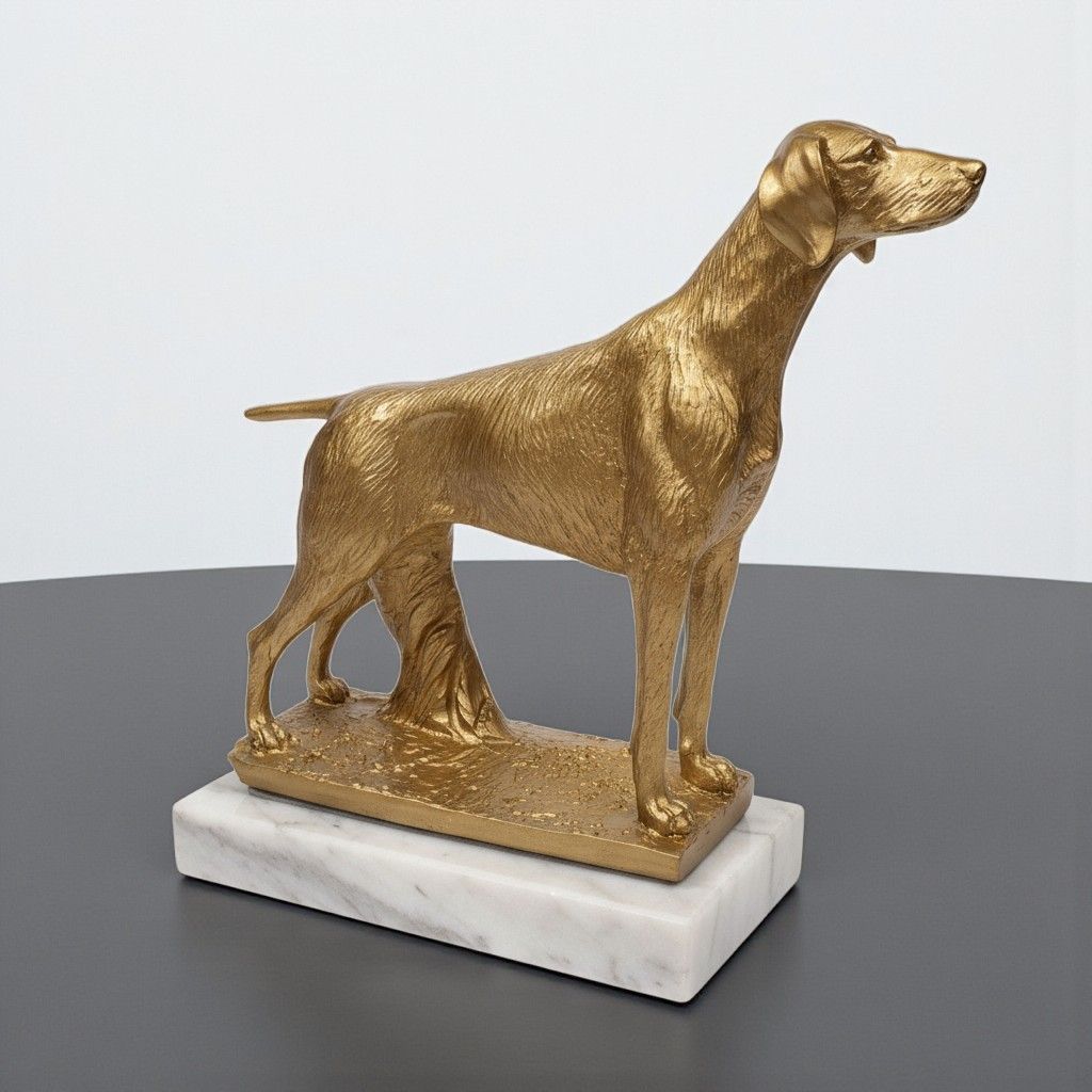 Hundesporttrophy Hundetrophäe Alf mit stehender Hundefigur in Goldoptik aus Resinguss auf weißem Marmorsockel