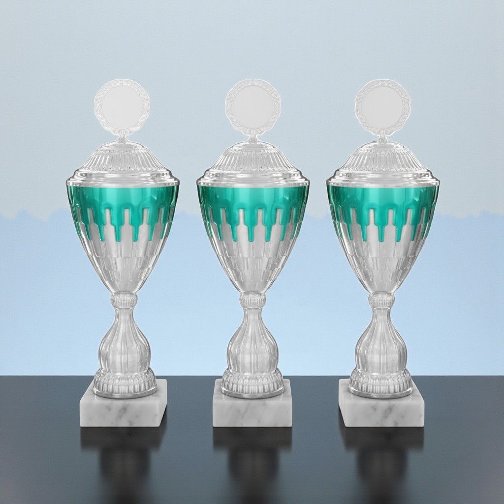 Pokal Belle, 3er-Serie, transparenter Pokal mit farblichen Akzenten, Deckel, Marmorsockel