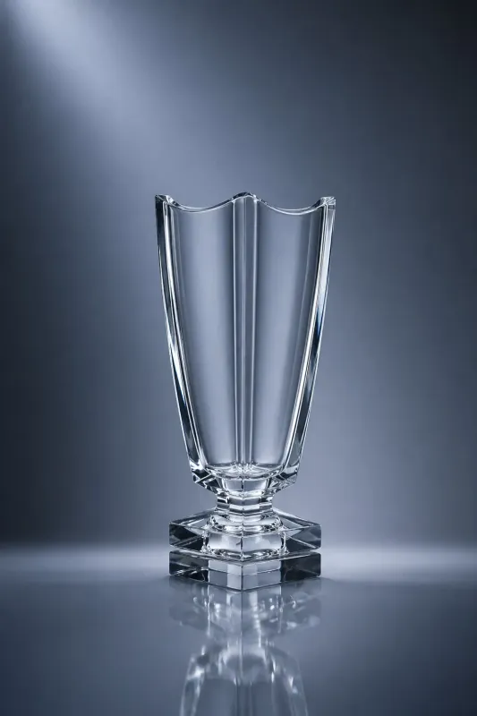 Glaspokal „Mattsee“ aus klarem Glas mit facettierter Form, Sockel, Direktgravur möglich.