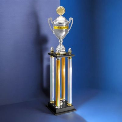 XXL Säulenpokal Frank mit silbernem Kelch, goldfarbenen Akzenten, transparenten Säulen und Holzsockel