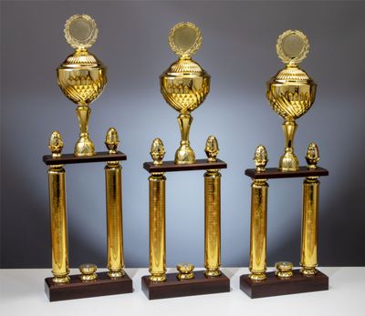 Säulenpokal Dakota in Goldoptik mit klassischem Kelch, goldfarbenen Säulen und Holzsockel, erweiterbar mit Figuren, 3 Größen