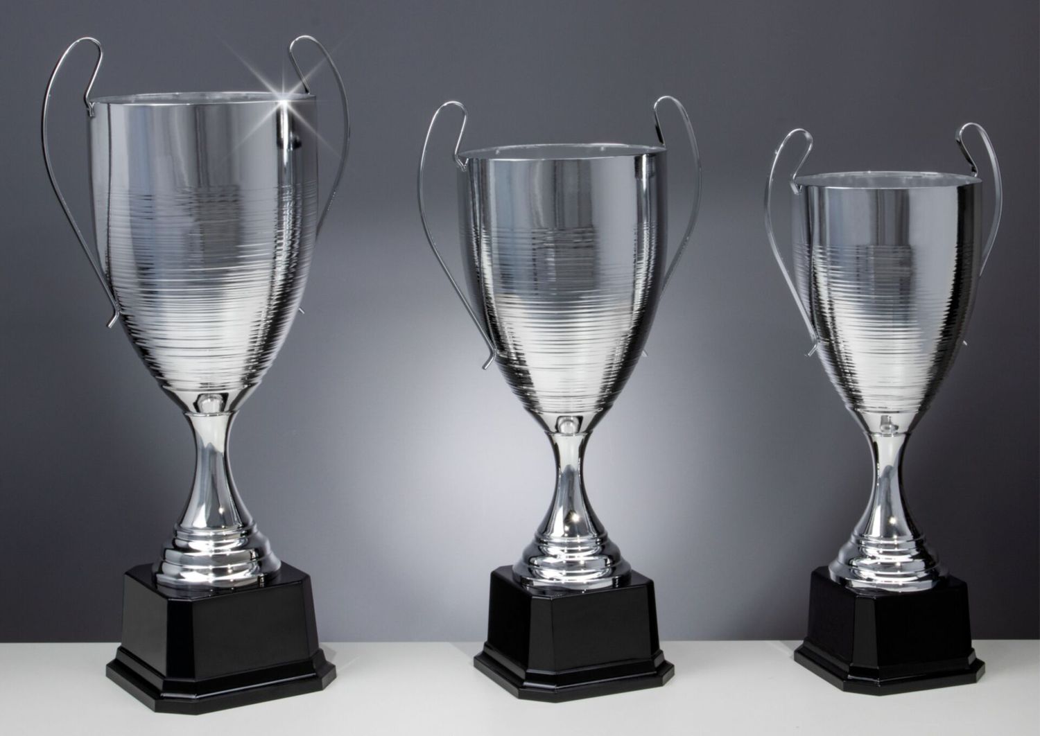 Henkelcup Jutta in Silberoptik mit schlankem Kelch, feinen Henkeln und schwarzem Kunststoffsockel